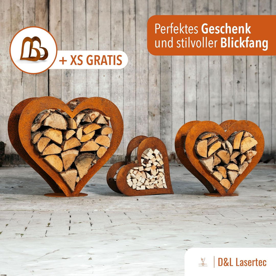 D&L Lasertec Kaminholzkorb, Herz aus Metall, Rost, Edelrost, Holzregal - Deko - SET L+M+S