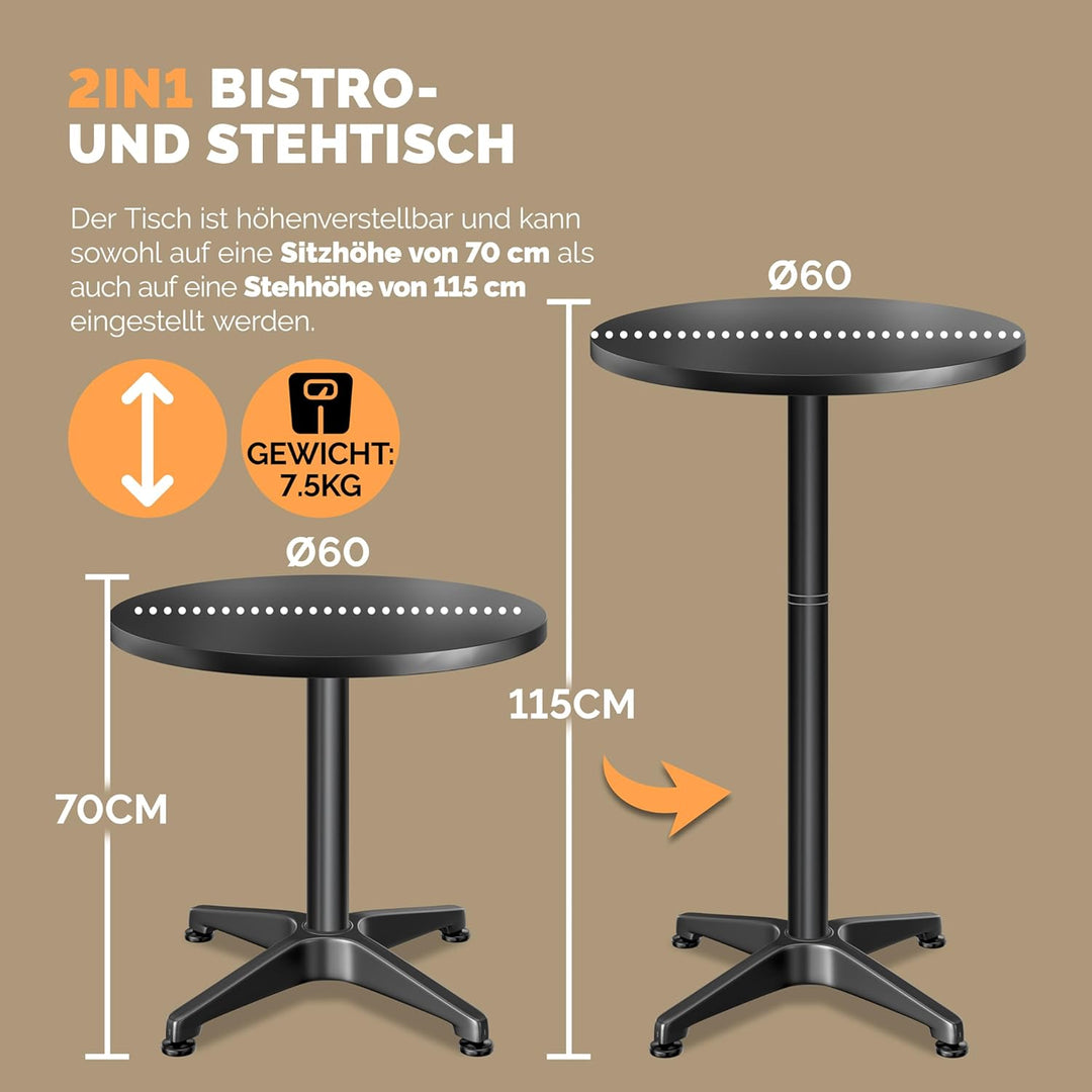 Casaria® 2in1 Stehtisch Höhenverstellbar 2er Set 70/115 cm Aluminium Ø 60 cm Rund Wetterfest Outdoor