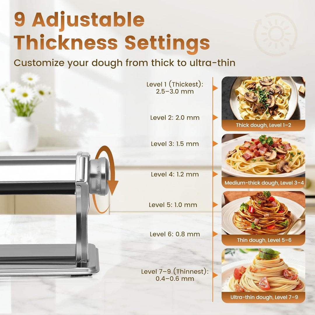 Manuelle Nudelmaschine, Edelstahl Pasta Maker mit zwei Breiten Kutter, 9 Einstellbaren Stärkeeinstel