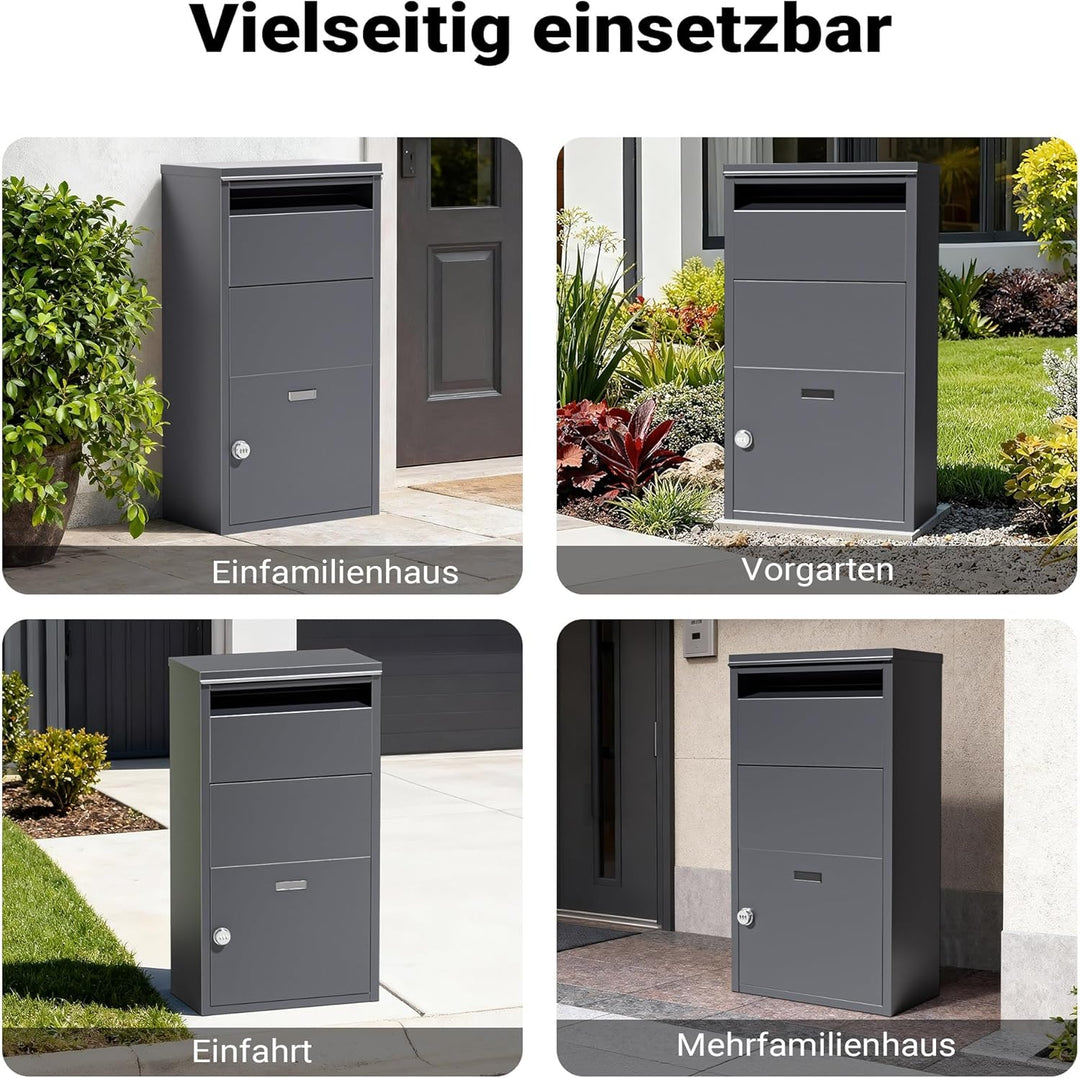 Wiltec Paketkasten grau 410 x 220 x 750 mm, Paketbox Zuhause, Private Paketannahme passend für Paket