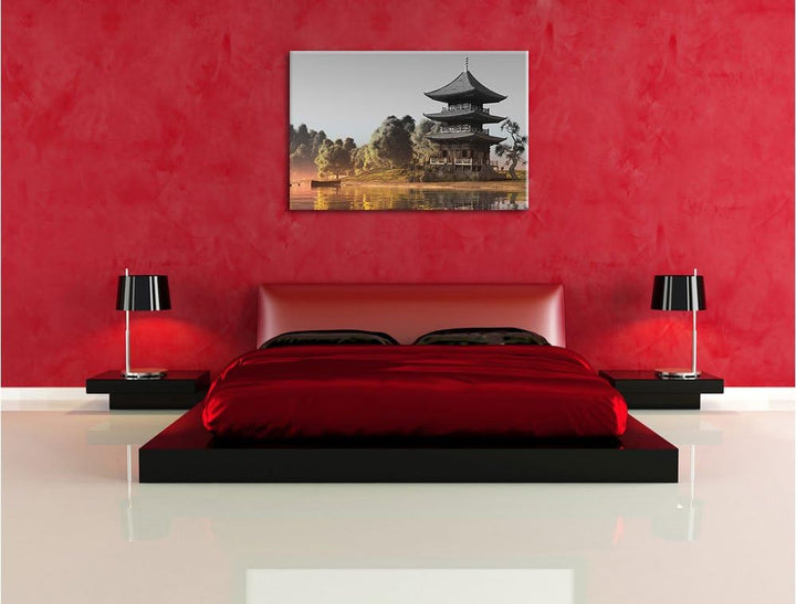 Pixxprint asiatischer Tempel an See als Leinwandbild/Grösse: 100x70 cm/Wandbild/Kunstdruck/fertig be