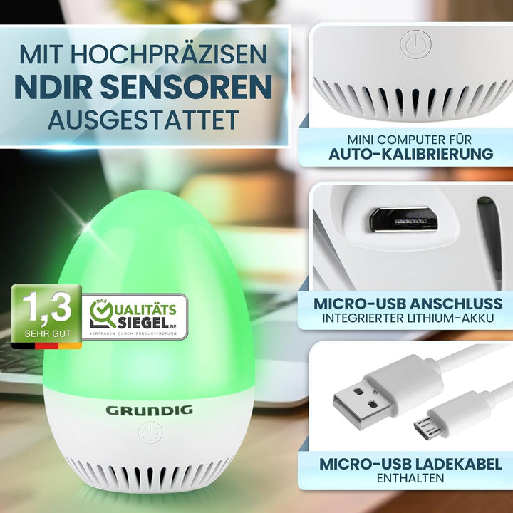 GRUNDIG CO2 Messgerät Ampel - Kalibrierungsautomatik, Akku Betrieb, Signal für Stosslüften - mobiles