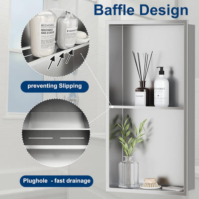 Neodrain Wandnische Dusche Edelstahl Duschnische Doppelregal für Badezimmer 60 x 30 cm, Doppelschich