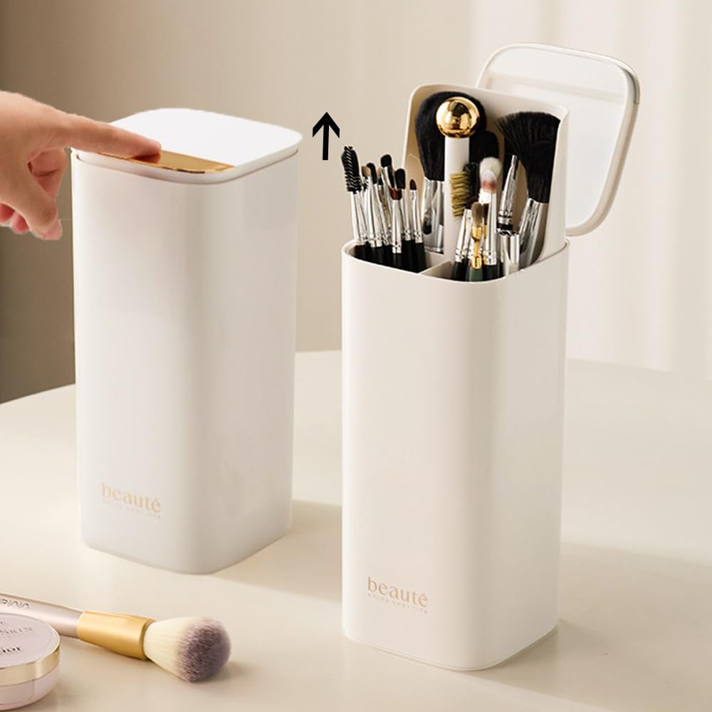 Automatischer Make-up-Pinselhalter mit Deckel, staubdicht, Kosmetik-Organizer für Schminktisch, Weis