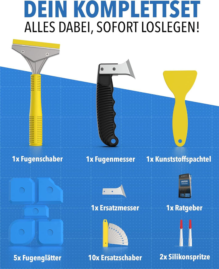 23-tlg. Fugen-Set – Silikonentferner &amp; Fugenschaber mit 10 Klingen, Fugenmesser mit Ersatzklinge, Ku