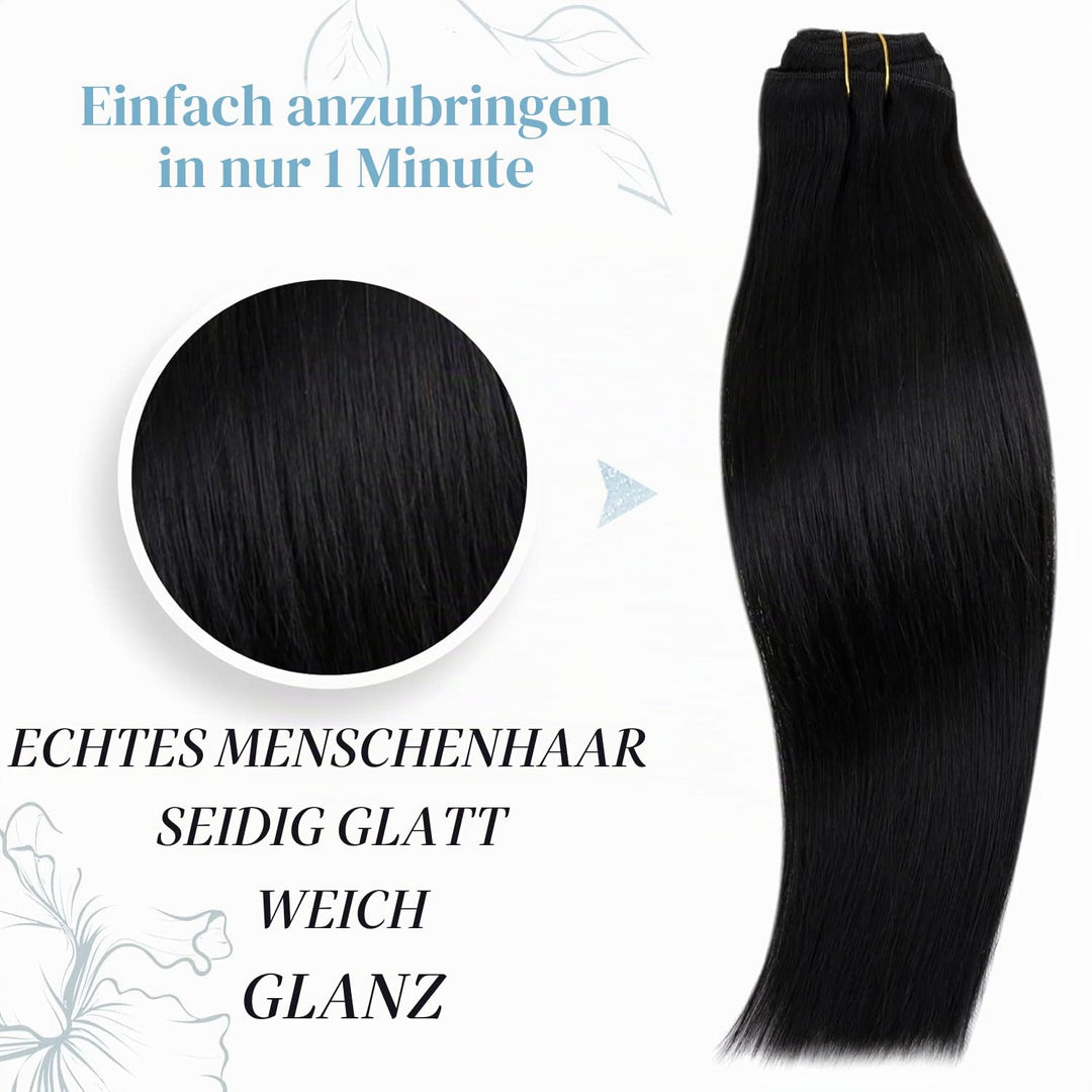 RUNATURE Echthaar Extensions Clip in Aus Schwarz 35cm Haarverlangerung Echthaar Clip in Glatt Haar E