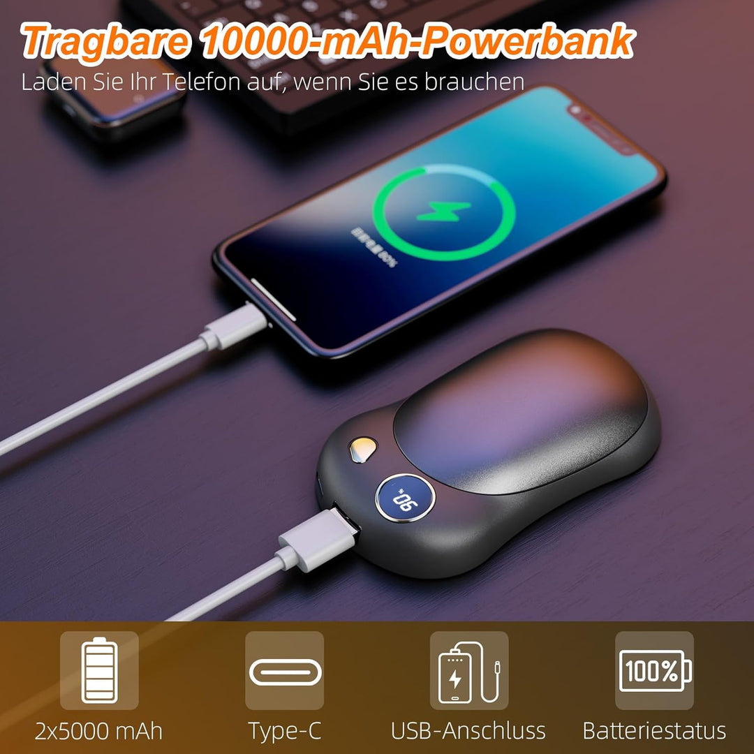 Handwärmer Elektrisch, 2er Set 10000mAh USB-C Handwärmer mit Digitalanzeige, 3 Heizstufen, wiederver