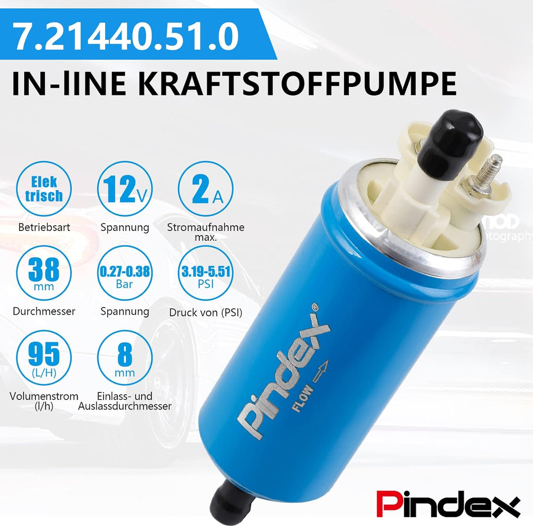 Pindex 12V Ekektrische Kraftstoffpumpe 7.21440.51.0 Benzinpumpe, Inlinne Pumpe 95L/H, 2.27-0.38Bar,