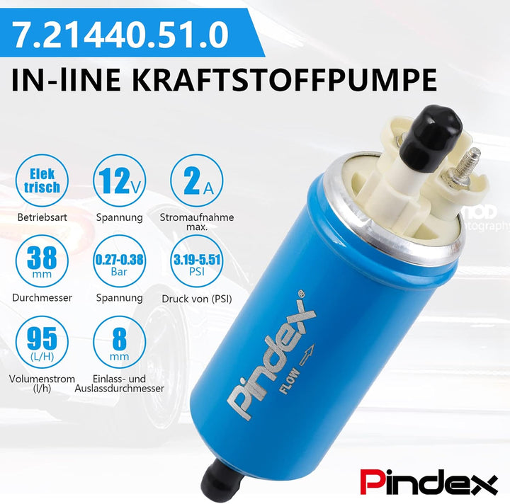 Pindex 12V Ekektrische Kraftstoffpumpe 7.21440.51.0 Benzinpumpe, Inlinne Pumpe 95L/H, 2.27-0.38Bar,