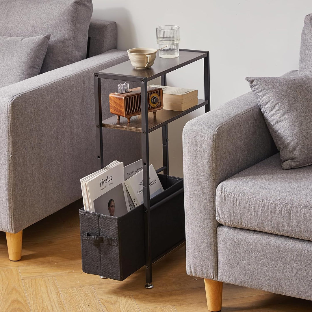 Beistelltisch mit Stauraum, 3-stufiger schmaler Couchtisch mit Stoffkorb, schmaler Nachttisch, Klein