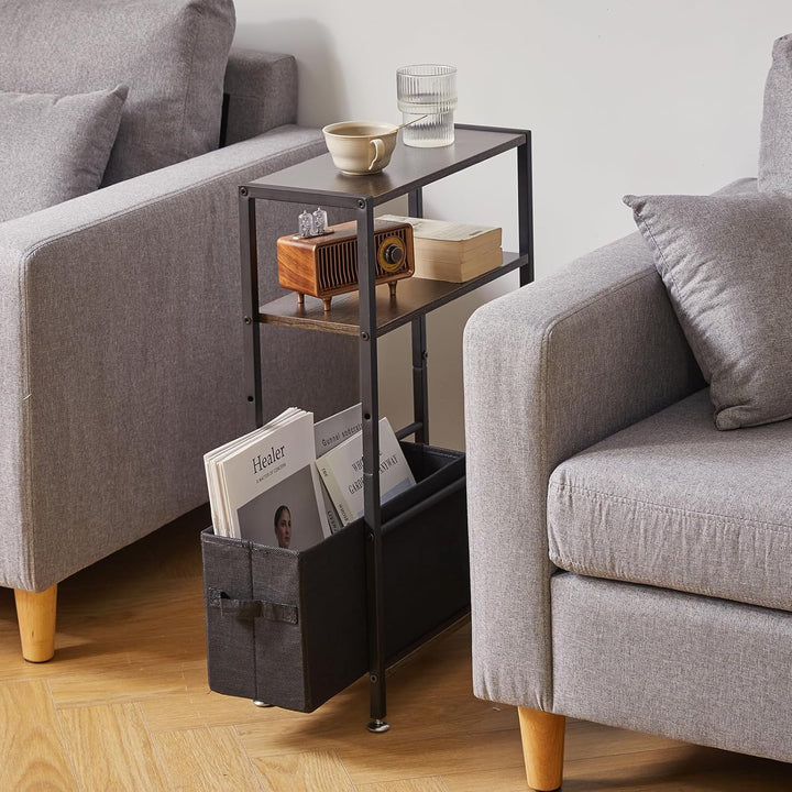Beistelltisch mit Stauraum, 3-stufiger schmaler Couchtisch mit Stoffkorb, schmaler Nachttisch, Klein