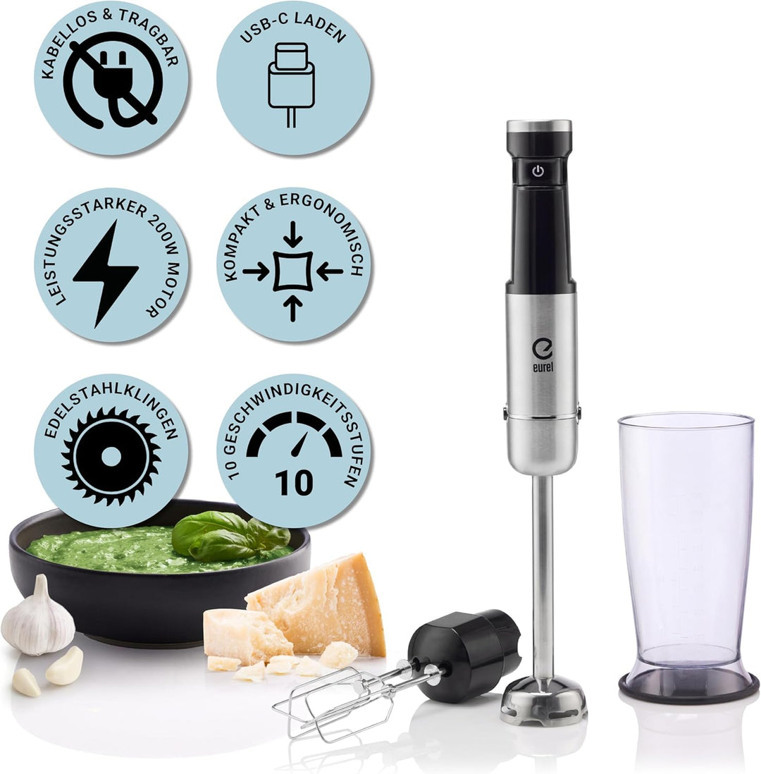 EUREL PREMIUMLine MP94 Stabmixer Set – Kabelloser Pürierstab mit 200W DC-Motor, 10 Geschwindigkeiten