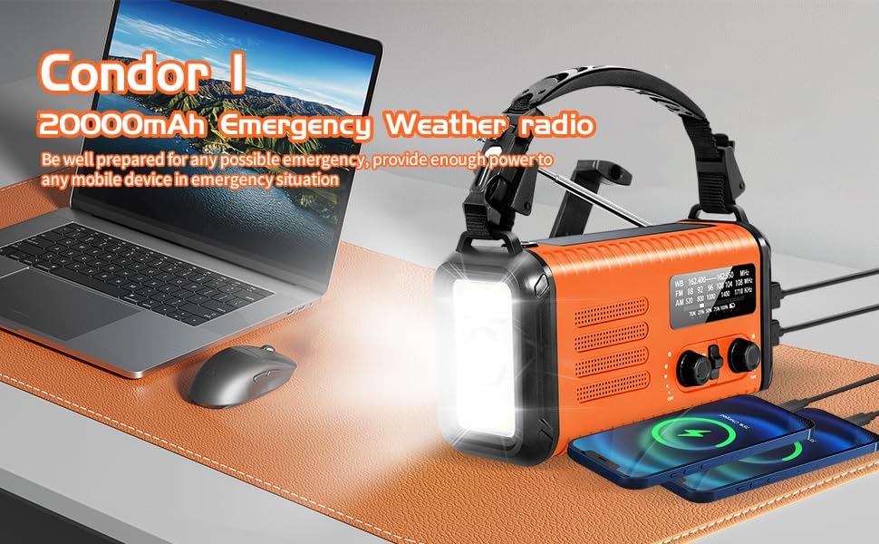 Notfallradio, Crank Wetterradio, 20000mAh Solarradio, Hand Kurbelradio mit AM/FM, tragbares Radio mi