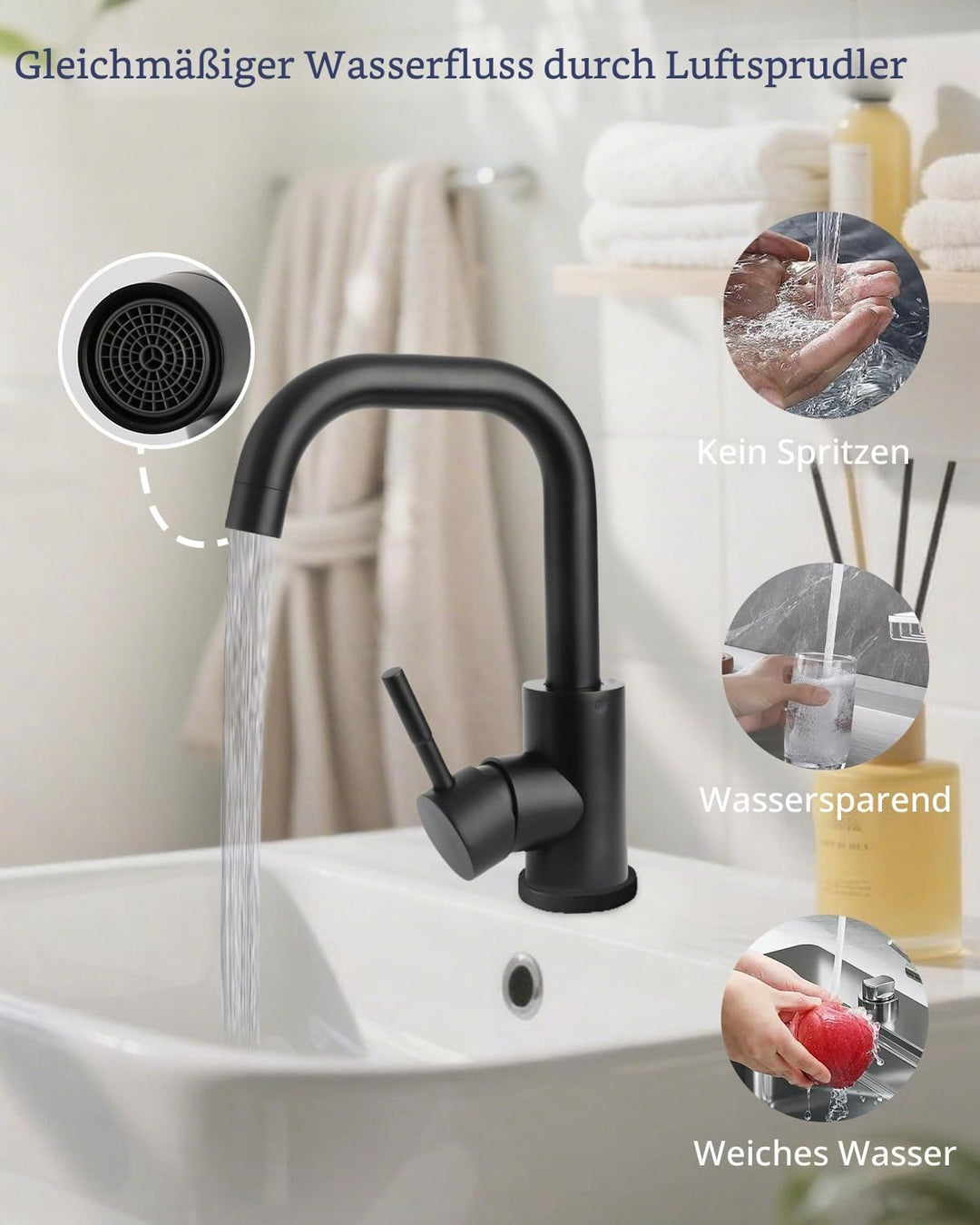 Wasserhahn Bad 360° Drehbar,Edelstahl Wasserhahn Badezimmer mit Warm/Kaltwasser Mischbatterie,Mischb