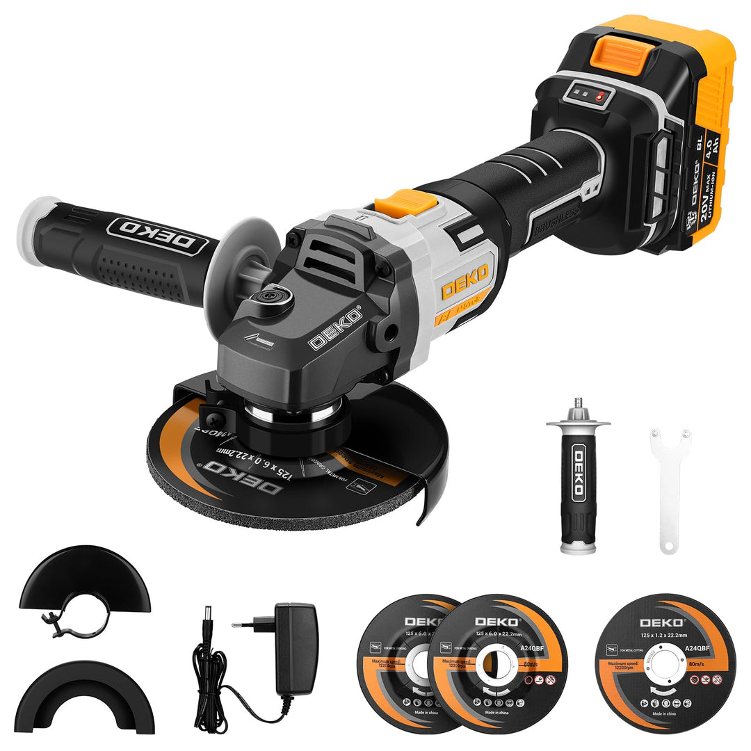 Akku-Winkelschleifer 20V Ø 125mm: DEKOPRO Schleifer mit 4.0Ah Akku, bürstenloser Motor, 8500RPM – in