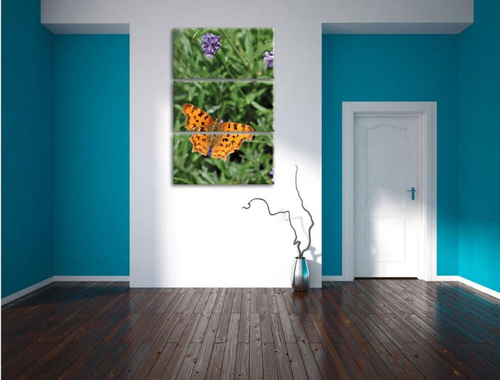 Pixxprint Schmetterling auf Blumenwiese / 3-Teilig/Gesamtmass 120cm Leinwandbild bespannt auf Holzra