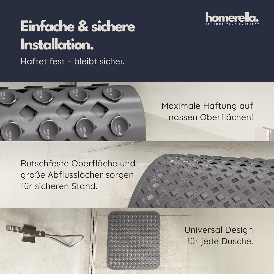 Homerella® Duschmatte rutschfest - 100% BPA frei - Inkl. 2 Haken zum Aufhängen 53x53cm - Antirutschm