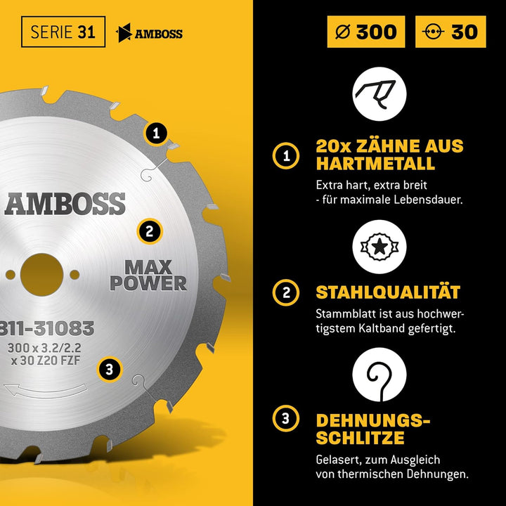 Amboss - HM Kreissägeblatt - NAGELFEST - Ø 300 mm x 3,2 mm x 30 mm | für extremen Einsatz auf Bauste