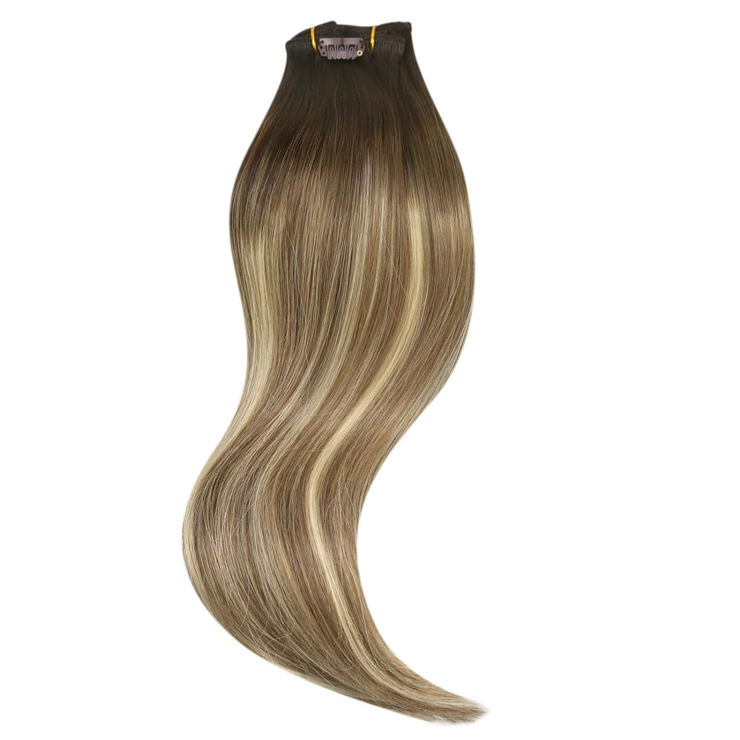 Ugeat 55cm Echthaar Extensions 120 Gramm Clip in Echthaar Tressen Clips Echthaar Dunkel Braun bis Mi