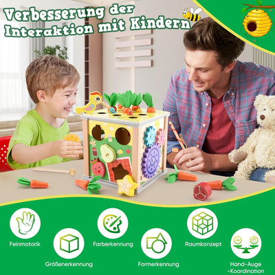 ZOOYAUE Motorikwürfel Aktivitätswürfel aus Holz 6 in 1 Montessori Spielzeug, Activity Center Baby ab