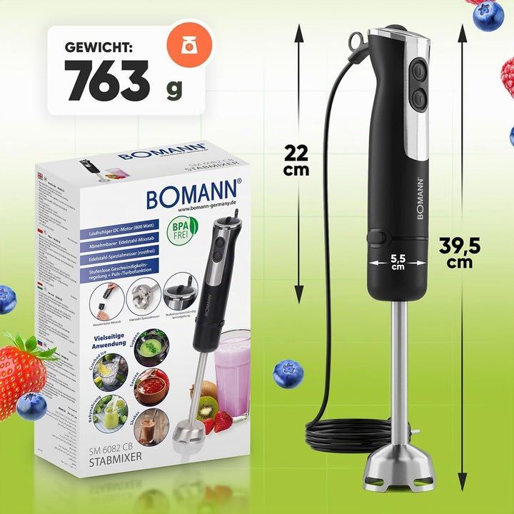 Bomann® Stabmixer 800 Watt mit Turbo-Funktion | Pürierstab mit Edelstahlmesser | 12 Stufen | für Bab
