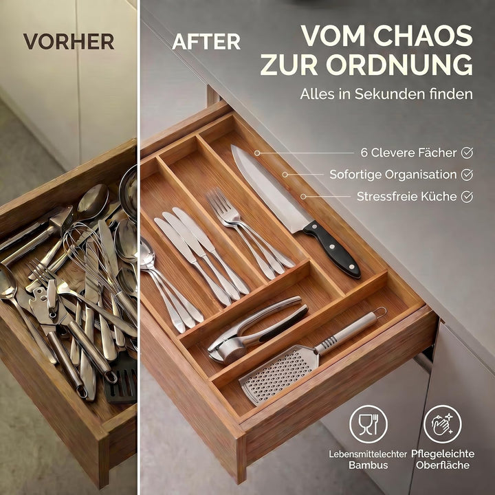 Dimono® Schubladeneinsatz Besteckeinsatz aus Bambus-Holz Schubladen; 7-9 Fächer Ordnungssystem Flexi
