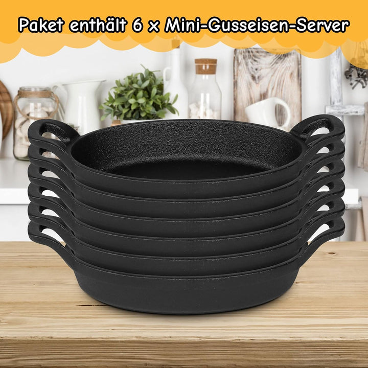 6 Stück Mini Gusseisen Servierpfännchen Set | 15.5 x 9.5 cm kleine Bratpfannen mit Griff | Gusseisen