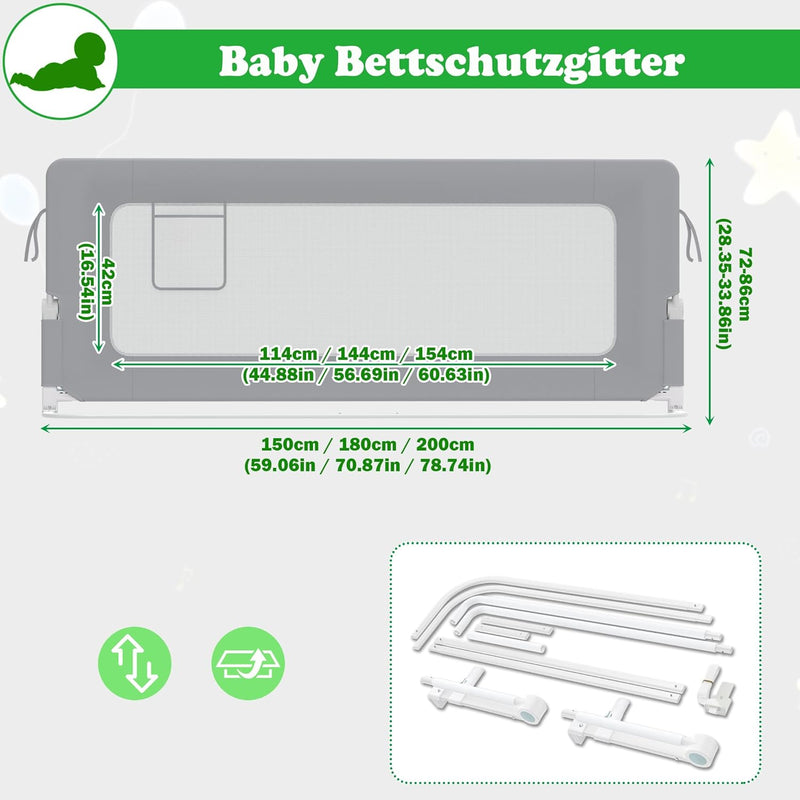 SUBTLETY 1 Seite Baby Bettgitter Umgeklappt Bettschutzgitter Set 72-86cm Höhenverstellbar Rausfallsc