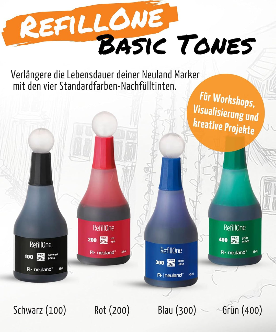 Neuland RefillOne® Nachfülltinte Farbset Basic Tones I Tinte für Marker No.One, BigOne, FineOne &amp; Tw