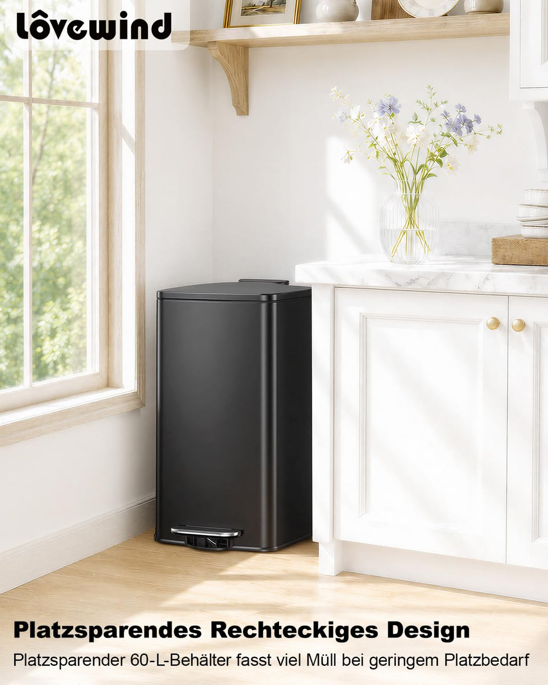 lovewind Mülleimer Küche 60L, Edelstahl Tretmülleimer mit Soft-Close Deckel, Herausnehmbarer Innenei