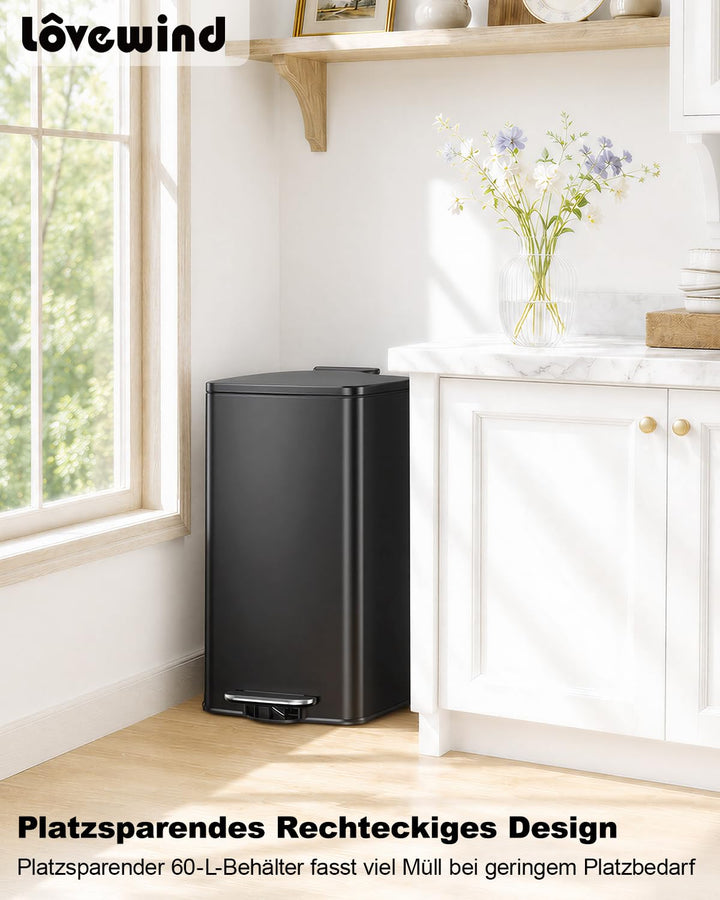 lovewind Mülleimer Küche 60L, Edelstahl Tretmülleimer mit Soft-Close Deckel, Herausnehmbarer Innenei