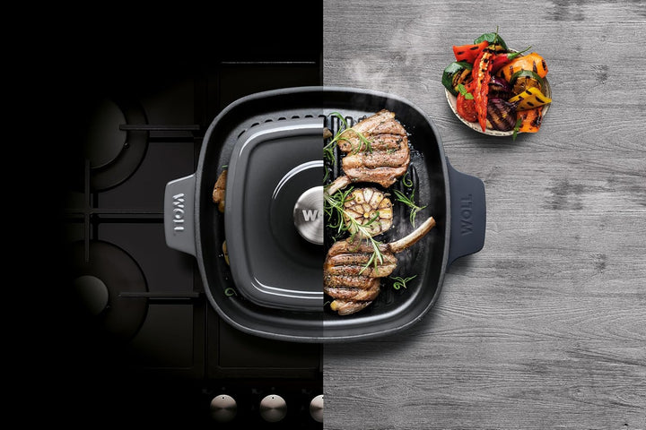 Woll Iron Gusseisen Grillpfanne viereckig mit Rillen, inkl. Steakpresse und Silikongriffen - Indukti