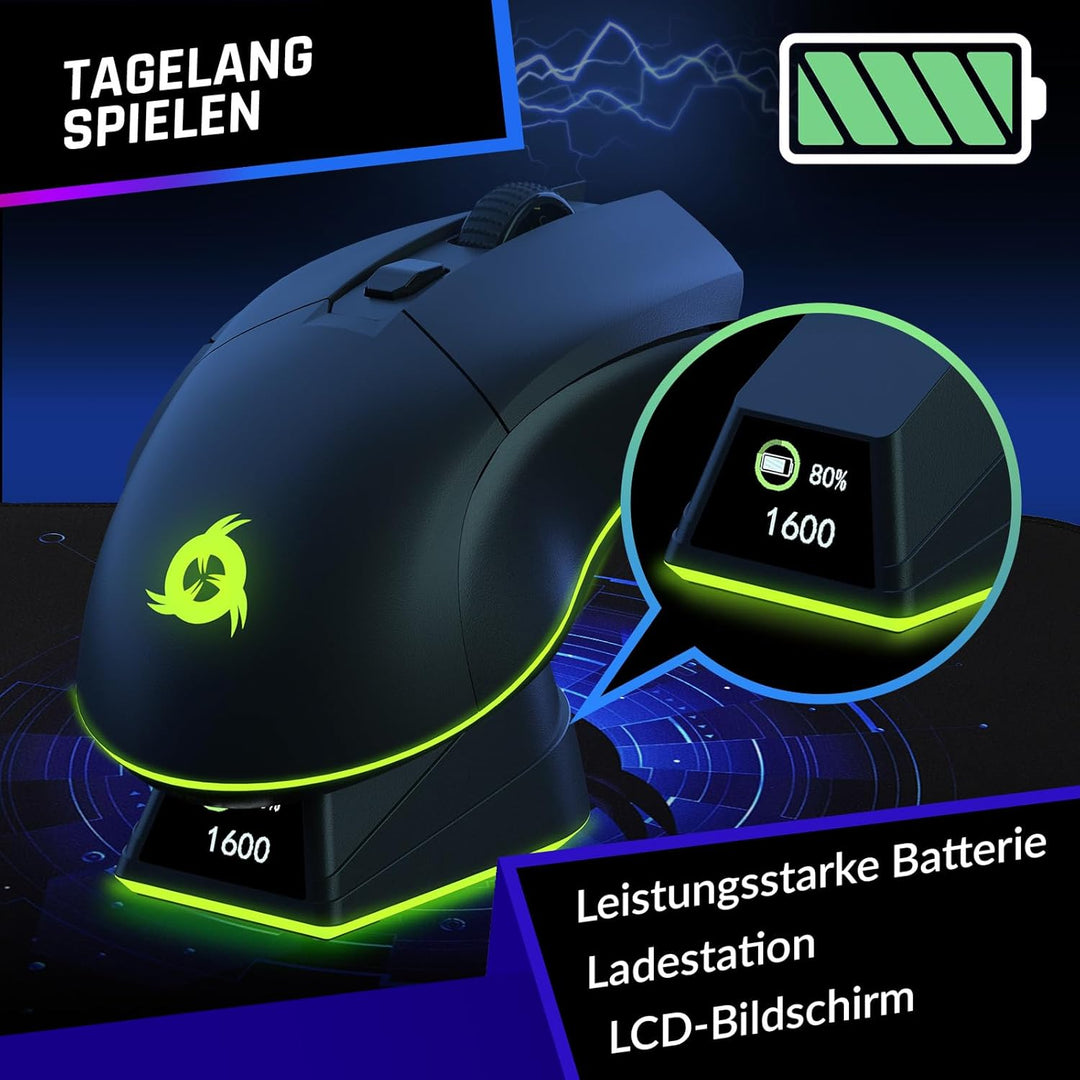 KLIM Blaze Pro Wiederaufladbare kabellose Maus - Neu mit LCD-Display - Gaming Maus mit RGB und Lades