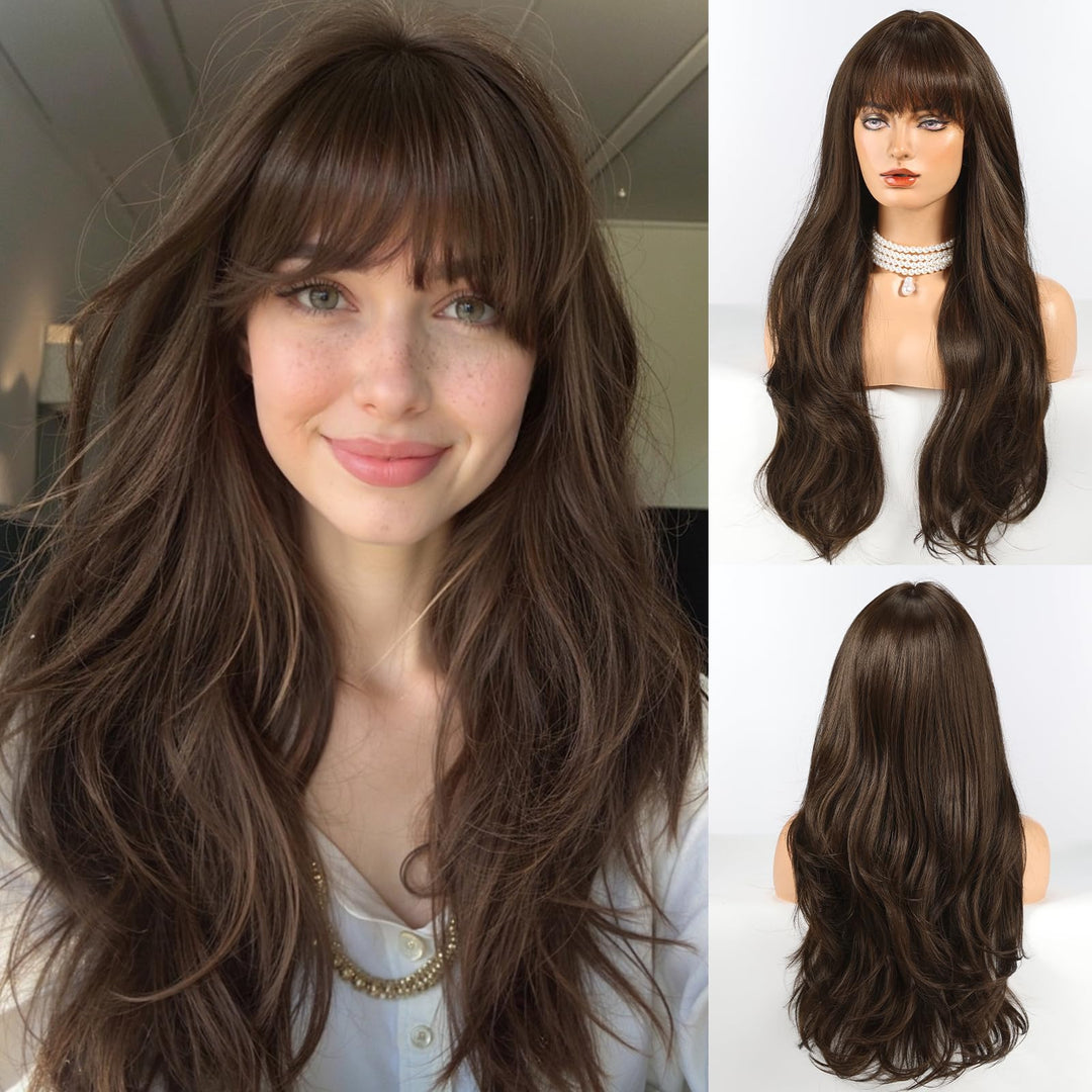 HAIRCUBE Lange dunkelbraune Perücke mit Pony, geschichtete lockige Perücken für Frauen, natürliche s