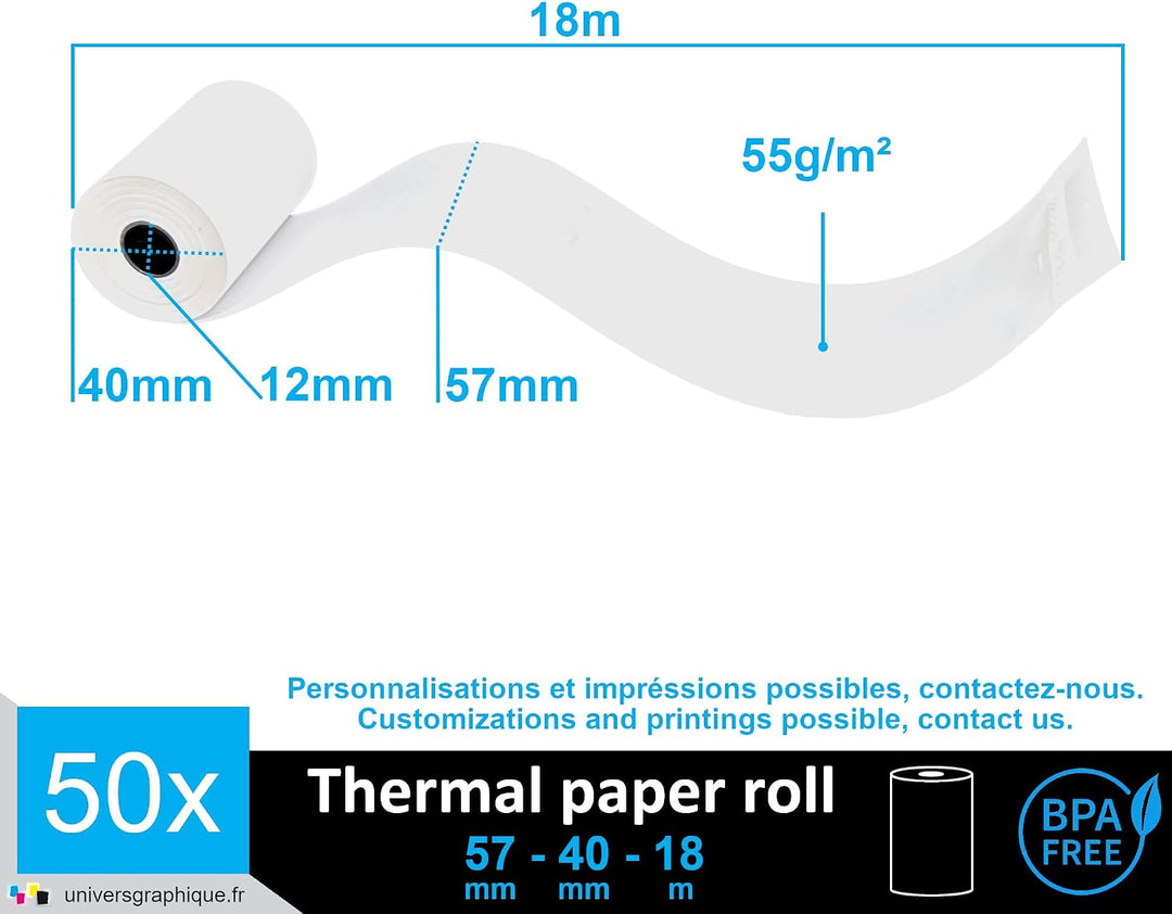 50 EC-Cash Thermorollen 57 x 40 x 12 für EC-Geräte mit Thermodrucker, Thermopapier EC-Cash Bonrolle,
