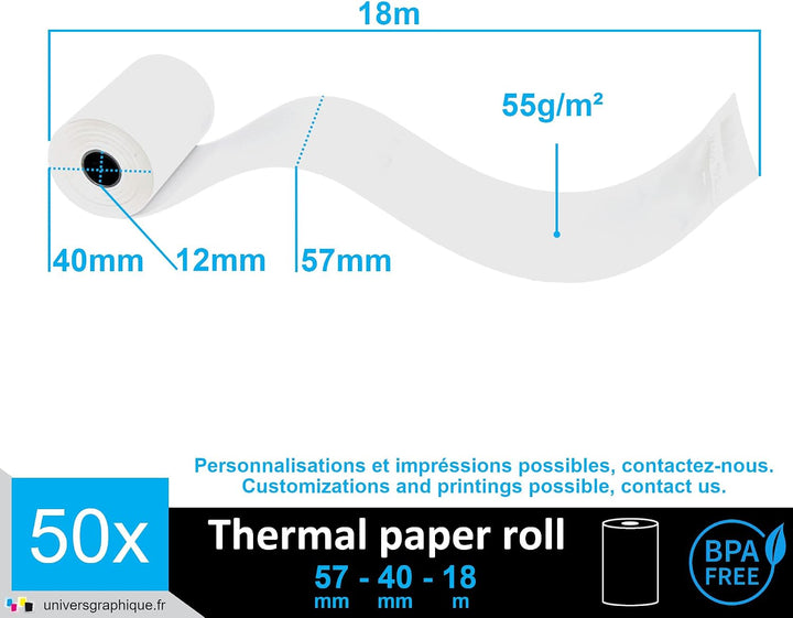 50 EC-Cash Thermorollen 57 x 40 x 12 für EC-Geräte mit Thermodrucker, Thermopapier EC-Cash Bonrolle,