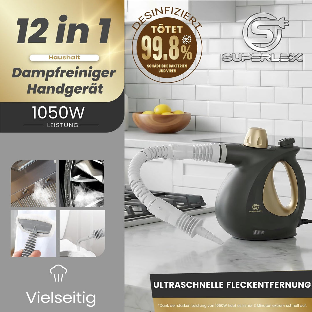 SUPERLEX Dampfreiniger Handgerät 1050W Handdampfreiniger mit 350ML Wassertank 180° Drehbare Düse Hoc