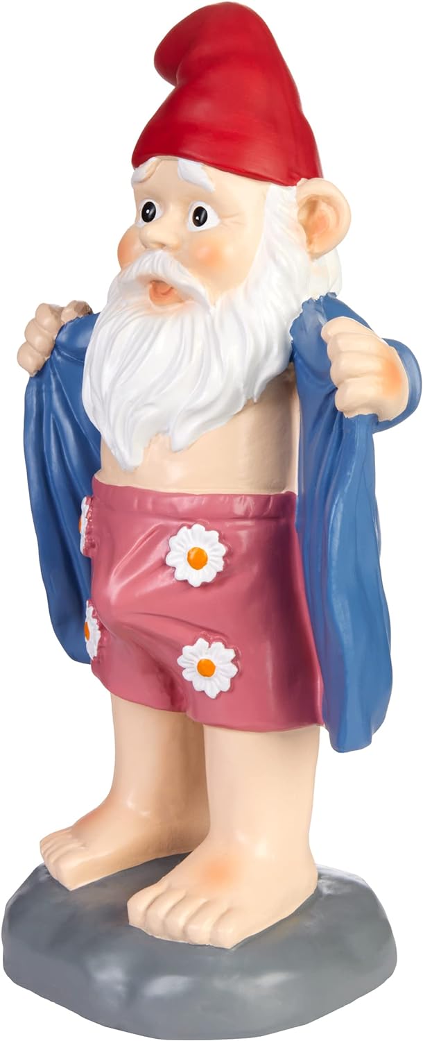 BRUBAKER Gartenzwerg mit Ständer - Perverser Zwerg mit Bademantel und Blümchen Unterhose - Gartenfig