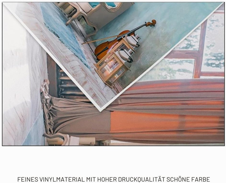 YongFoto 3x2m Vinyl Foto Hintergrund Indoor Szene Fenster Vorhang Geige Sofa Blau gemalte Wand Fotog