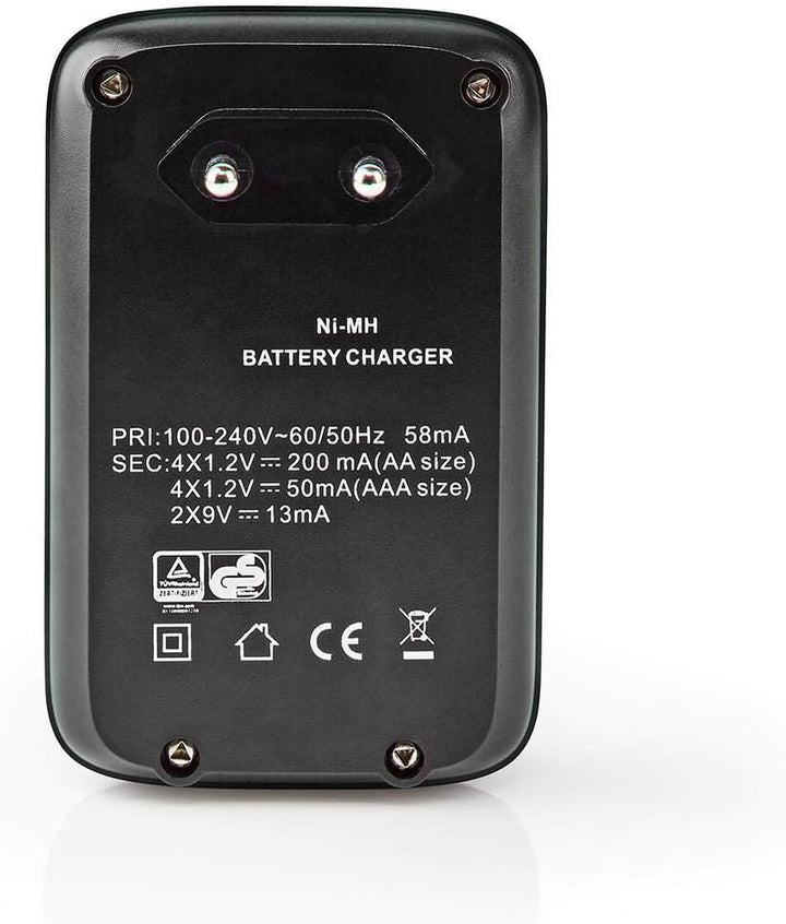 Pilas-Cargador NiMH AA/AAA | 1,2 VDC / 9 VDC | 200,00 mA A | Carga Gradual | Euro/Typ C (CEE 7/16) |