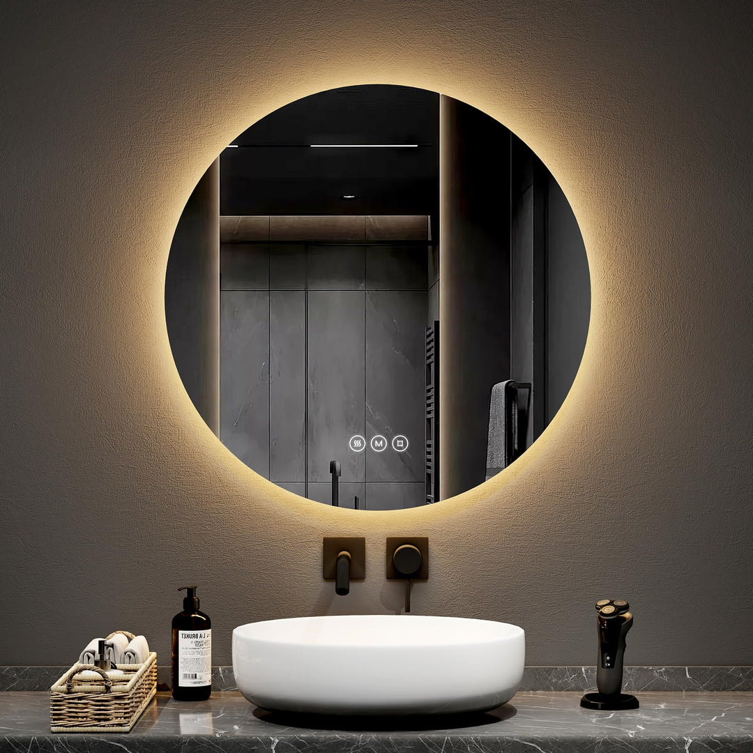 EMKE Badspiegel mit Beleuchtung rund 70cm, Antibeschlag | Badezimmerspiegel mit 3 Lichtfarbe dimmbar