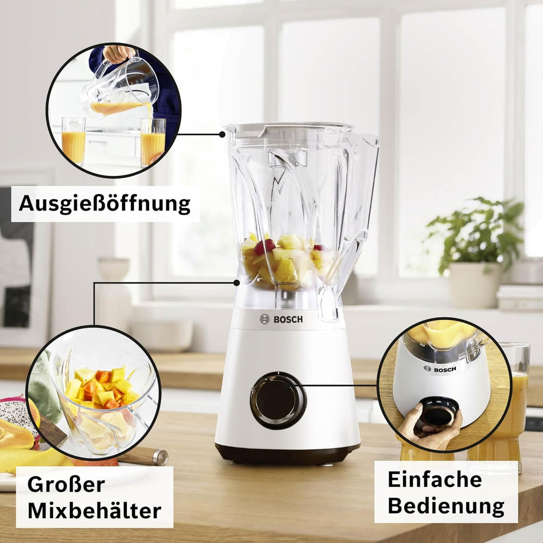 Bosch Standmixer VitaPower Serie 4 MMB6141W, hochwertige Edelstahl-Klingen, 1,5l Tritan-Mixbehälter,