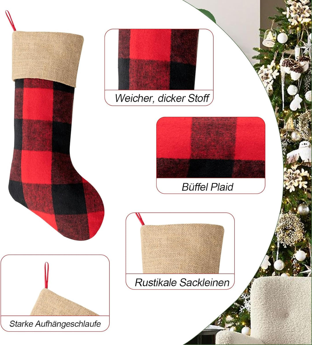 2 Stück Nikolausstrumpf mit Jute Cuff, Weihnachtssocken Kamin Weihnachtsbaum, 46cm gross Christmas S