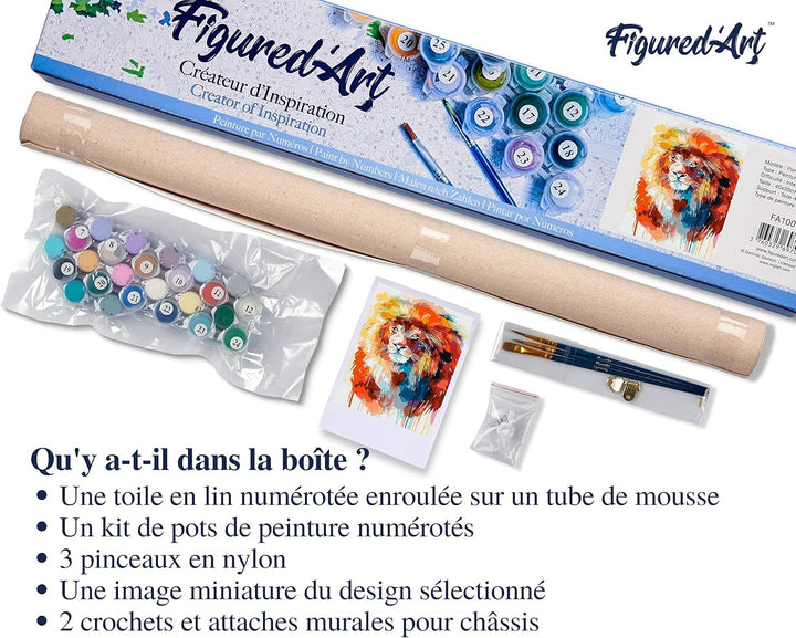 Figured'Art Malen Nach Zahlen Erwachsene Bunter Löwe - Paint by Numbers Basteln DIY Bastelset 40x50c