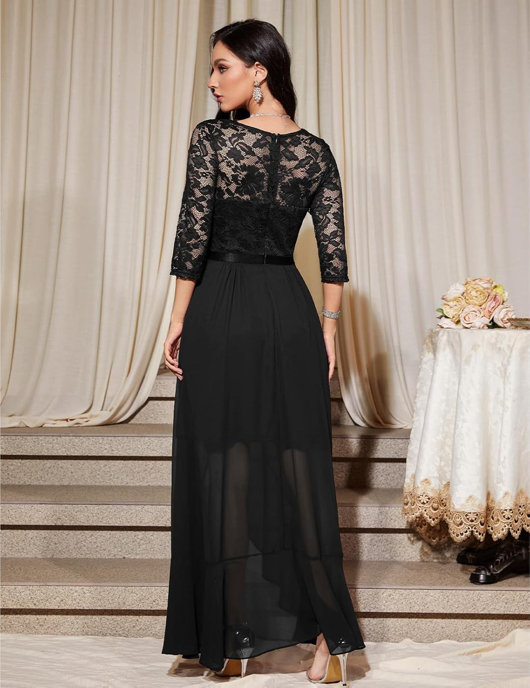 Bbonlinedress Abendkleider elegant für Hochzeit Spitzenkleid Chiffon Hi-Lo Kleid Brautjunferkleid Pa