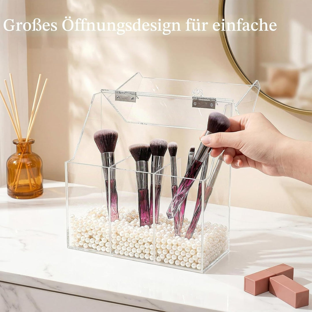 Okllen Make-up-Pinselhalter mit Staubdichtem Deckel, Weisse Perlen, Transparenter Acryl-Make-up-Pins