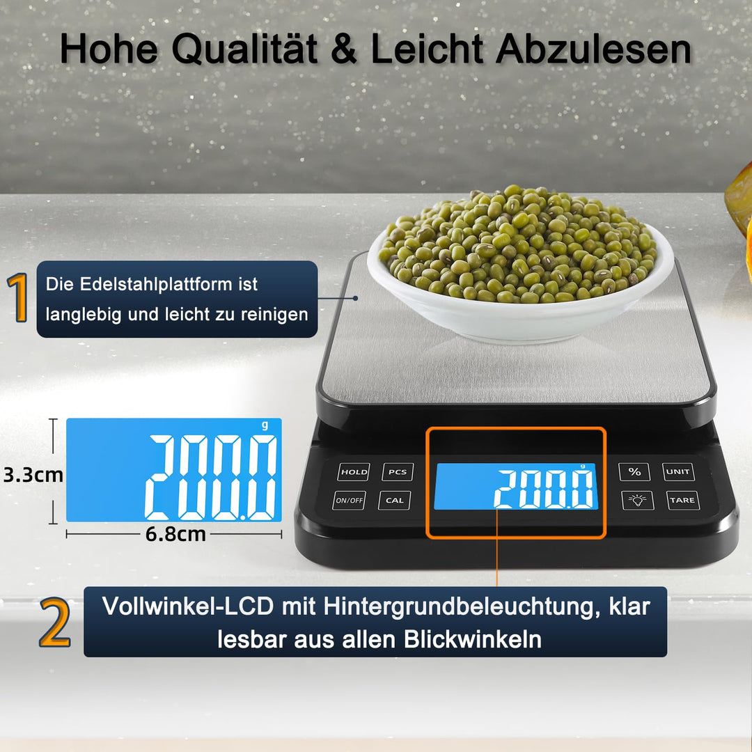 BOMATA 0.1g/5kg Grosse Digitale Küchenwaage, Hochpräzise Bäckereiwaage mit% Prozentfunktion. USB auf