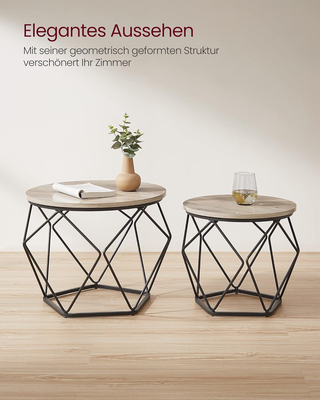 VASAGLE Couchtisch rund, 2er Set, Wohnzimmertisch, Beistelltisch, Vintage-Flair, abnehmbare Tischpla
