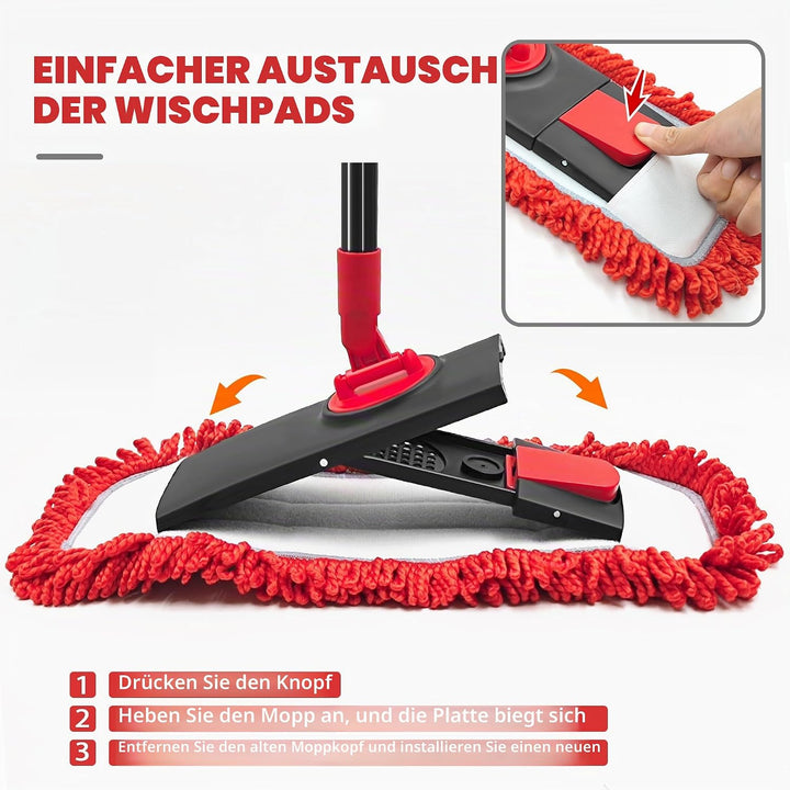 JEHONN Bodenwischer Wischmopp mit Mikrofaser & Chenille Pads, 127 cm Teleskopstiel Wischer Boden für