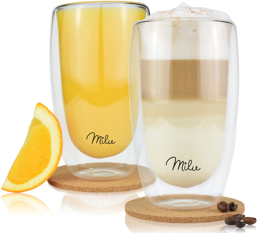 Milu Thermogläser Set – 4 vers. Grössen - Doppelwandige Espresso Gläser - Kaffeegläser, Latte Macchi